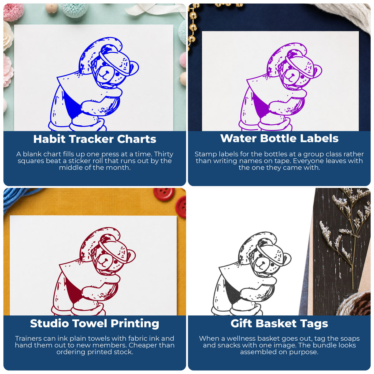 Workout Bear in Headband Rubber Stamp project ideas: Habit Tracker Charts, Water Bottle Labels, Studio Towel Printing and Gift Basket Tags.