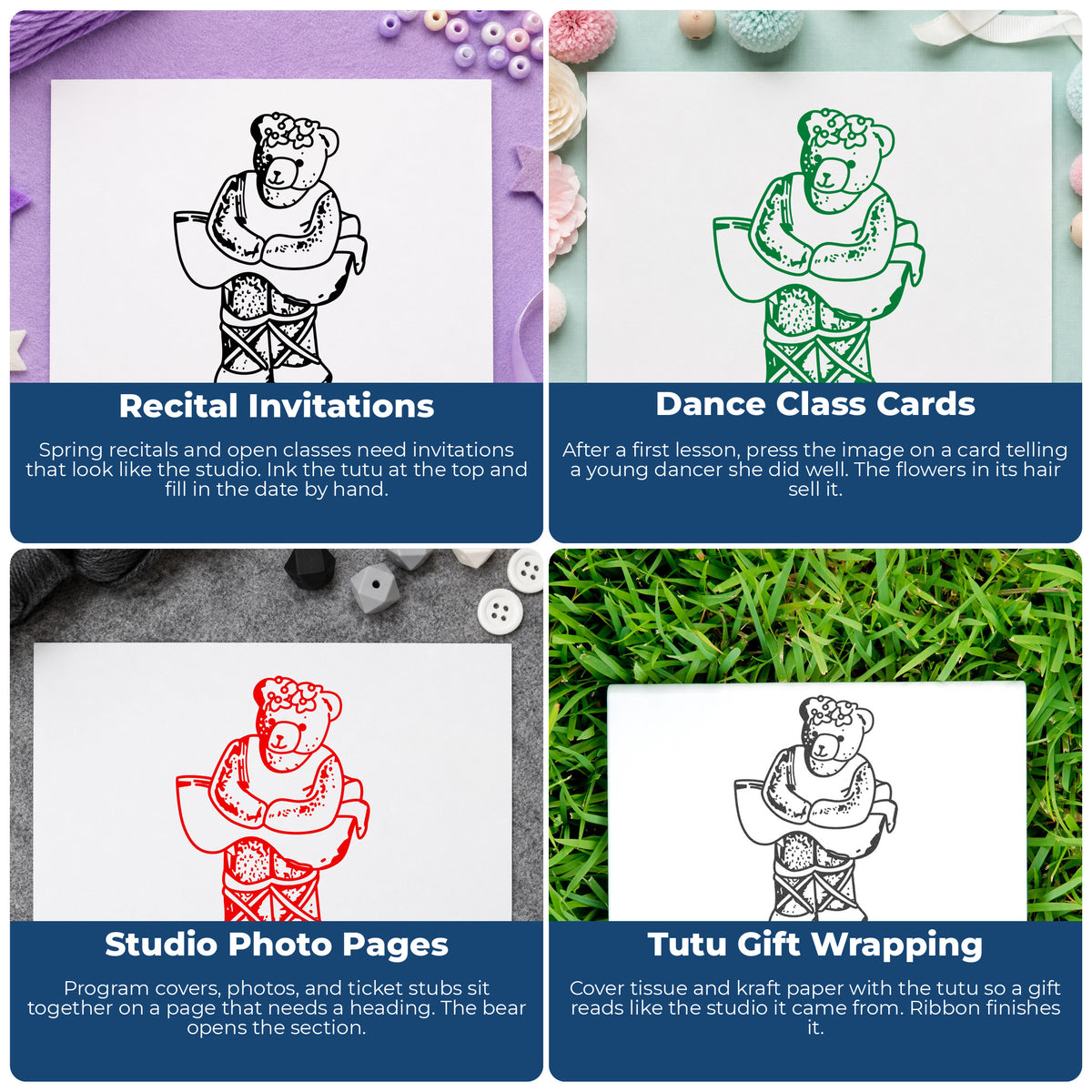 Ballet Bear in Tutu Rubber Stamp project ideas: Recital Invitations, Dance Class Cards, Studio Photo Pages and Tutu Gift Wrapping.