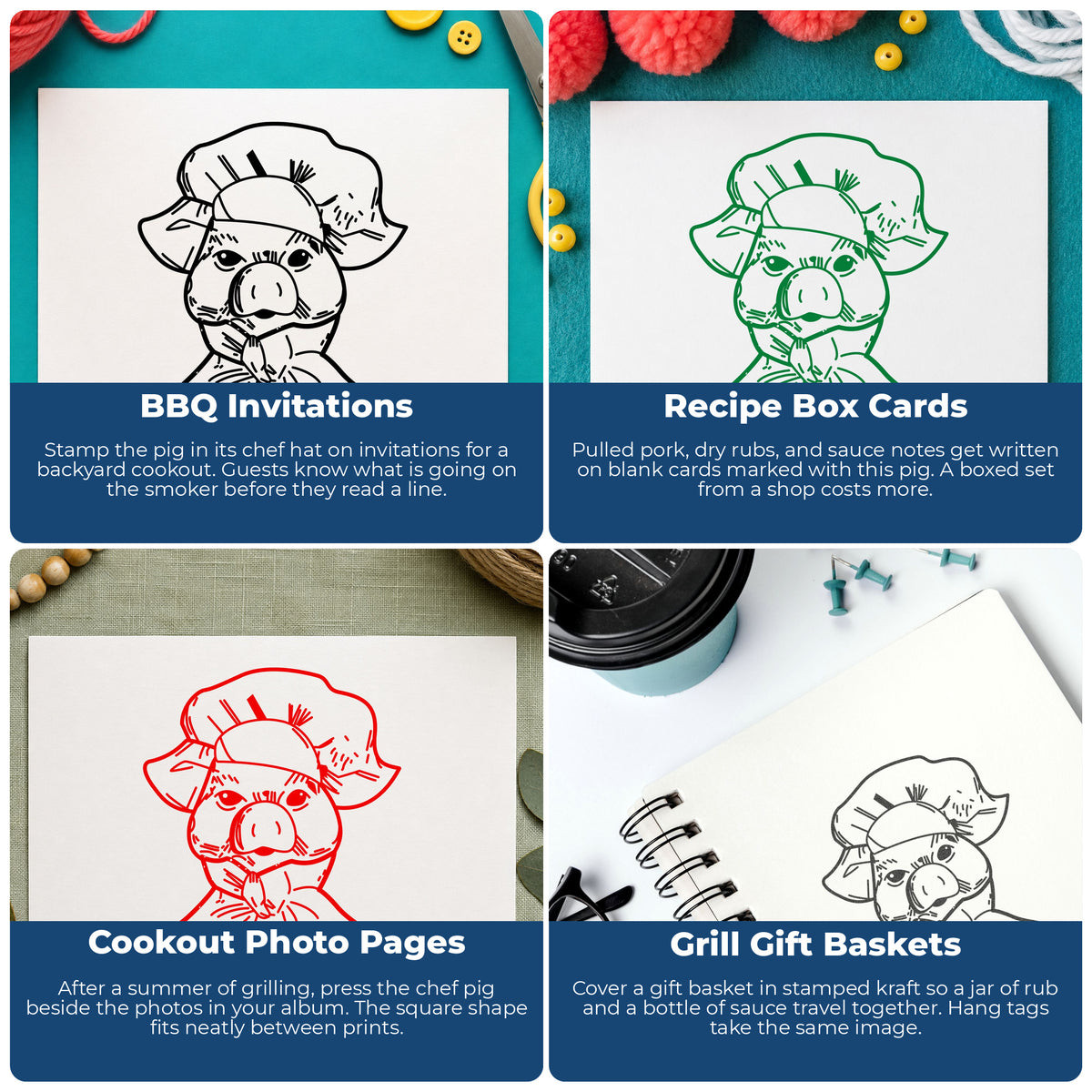 Chef Pig Portrait Rubber Stamp project ideas: BBQ Invitations, Recipe Box Cards, Cookout Photo Pages and Grill Gift Baskets.
