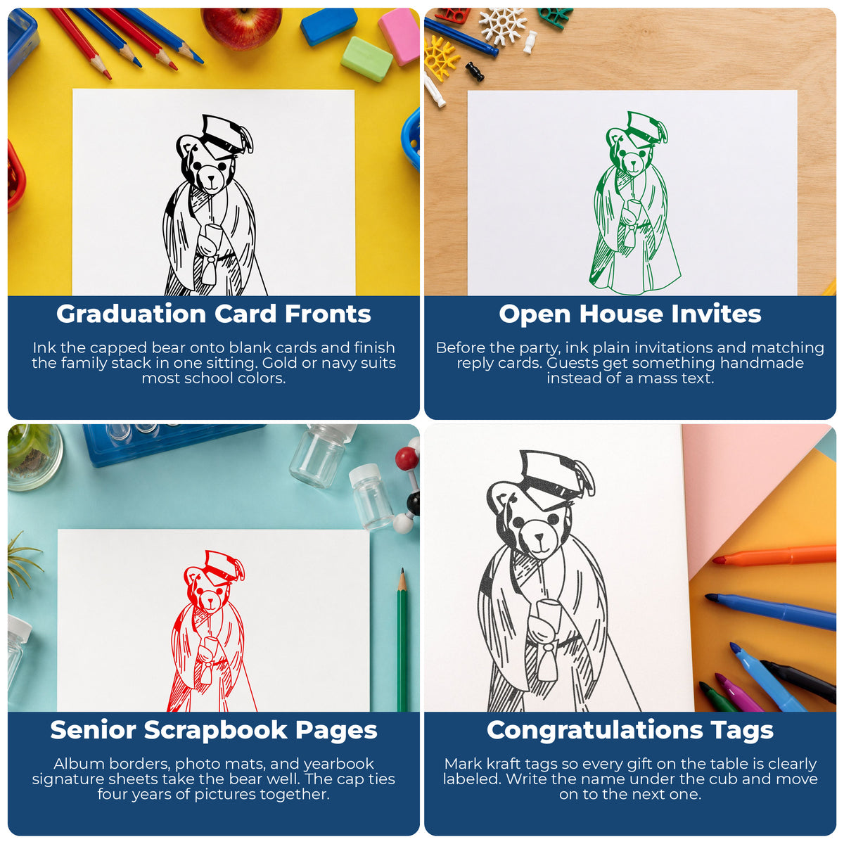 Graduation Bear Rubber Stamp project ideas: Graduation Card Fronts, Open House Invites, Senior Scrapbook Pages and Congratulations Tags.
