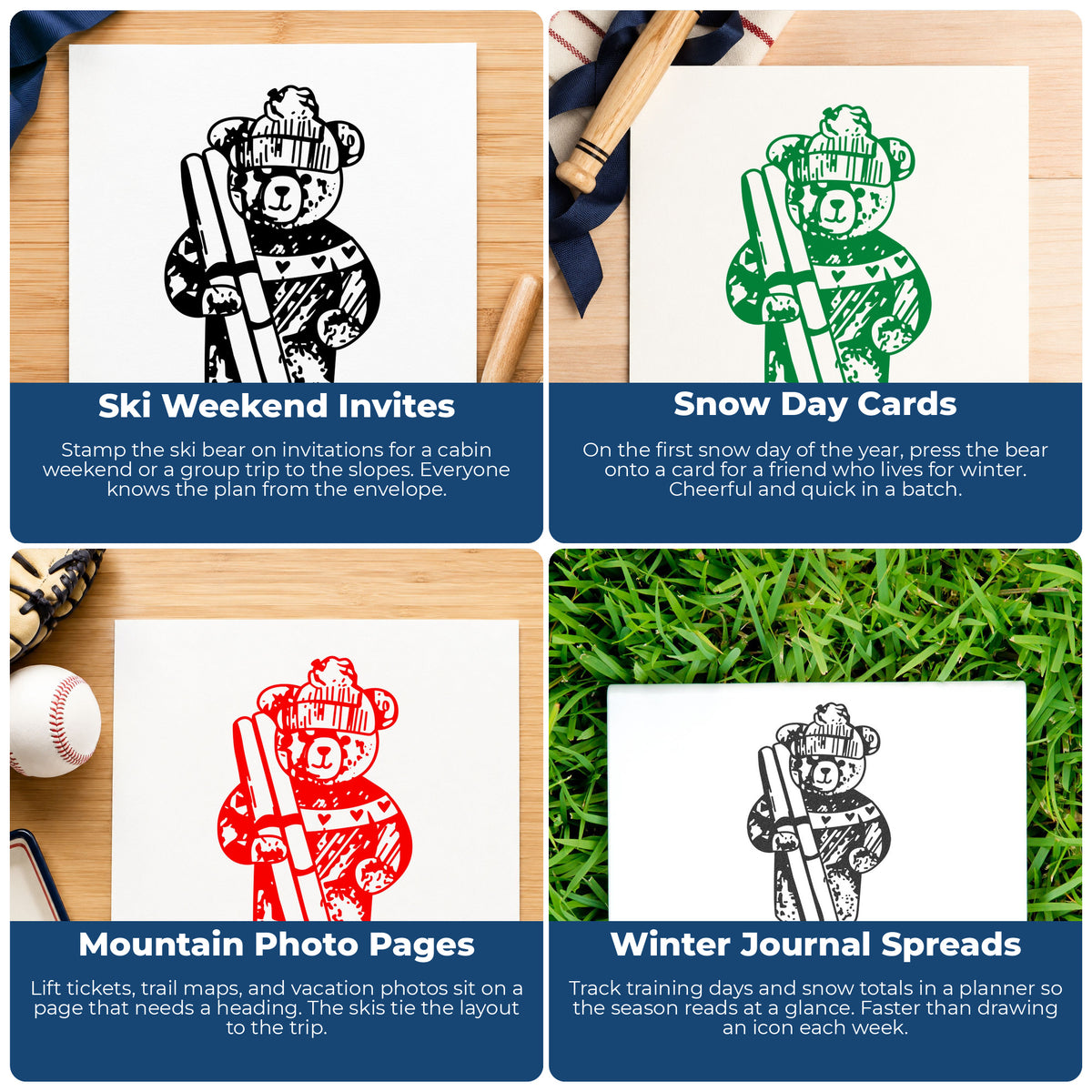 Ski Bear Holding Skis Rubber Stamp project ideas: Ski Weekend Invites, Snow Day Cards, Mountain Photo Pages and Winter Journal Spreads.