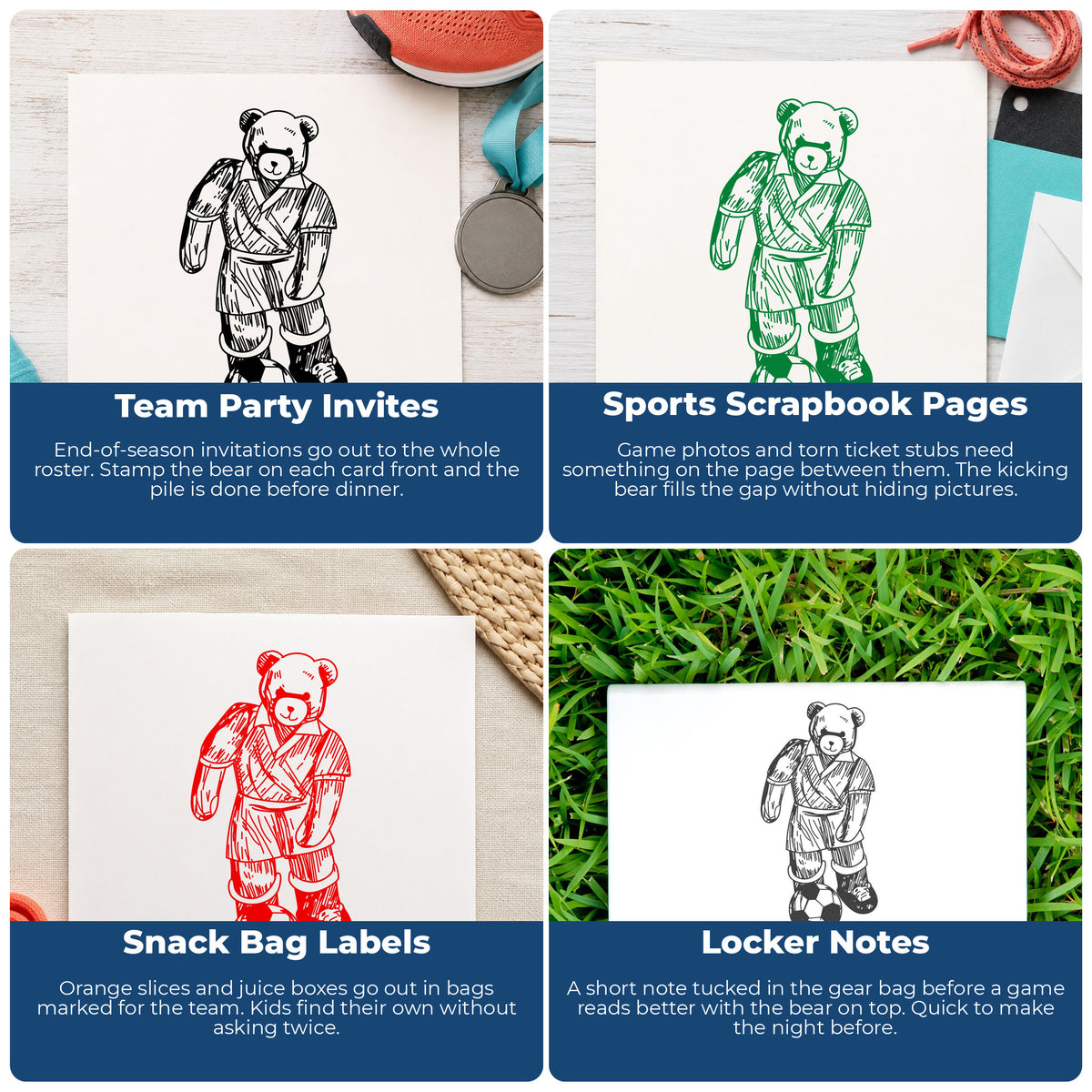 Soccer Bear Kicking Ball Rubber Stamp project ideas: Team Party Invites, Sports Scrapbook Pages, Snack Bag Labels and Locker Notes.