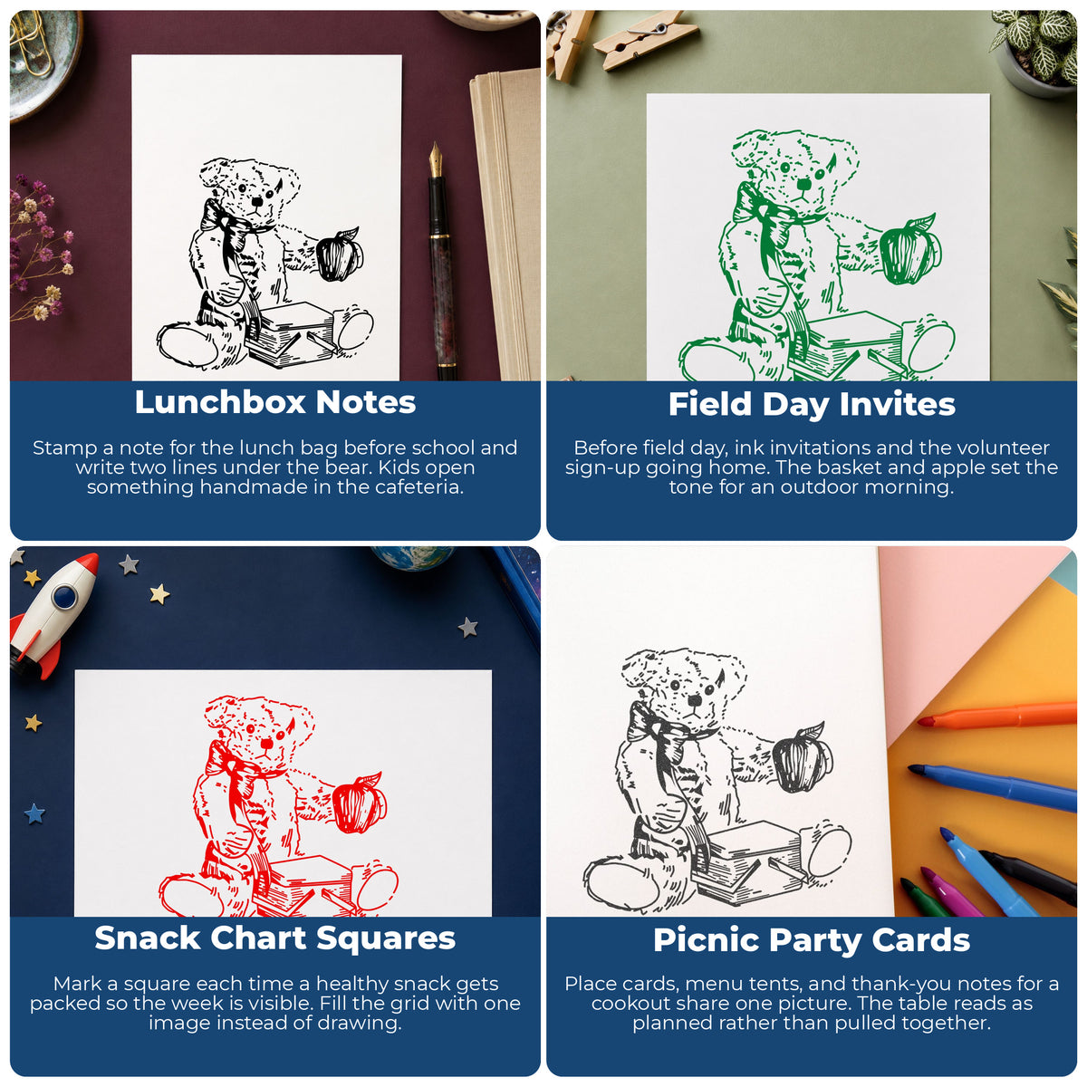 Bear with Picnic Basket and Apple Rubber Stamp project ideas: Lunchbox Notes, Field Day Invites, Snack Chart Squares and Picnic Party Cards.