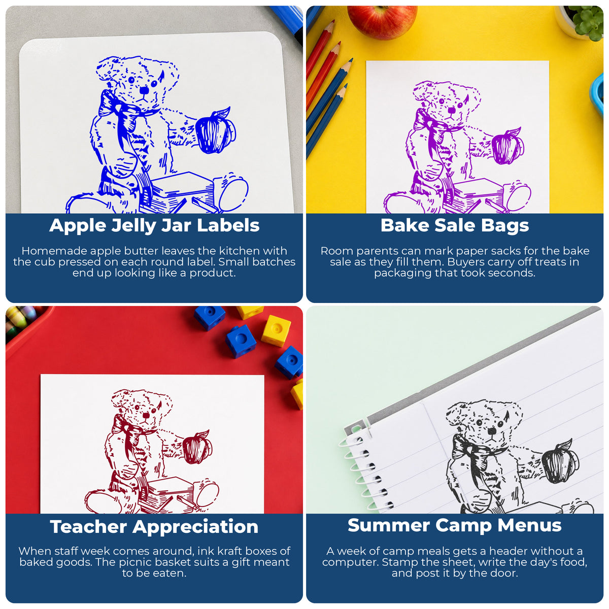 Bear with Picnic Basket and Apple Rubber Stamp project ideas: Apple Jelly Jar Labels, Bake Sale Bags, Teacher Appreciation and Summer Camp Menus.