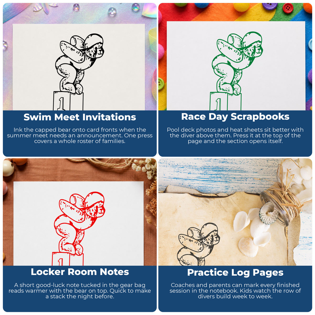 Diving Bear on Starting Block Rubber Stamp project ideas: Swim Meet Invitations, Race Day Scrapbooks, Locker Room Notes and Practice Log Pages.