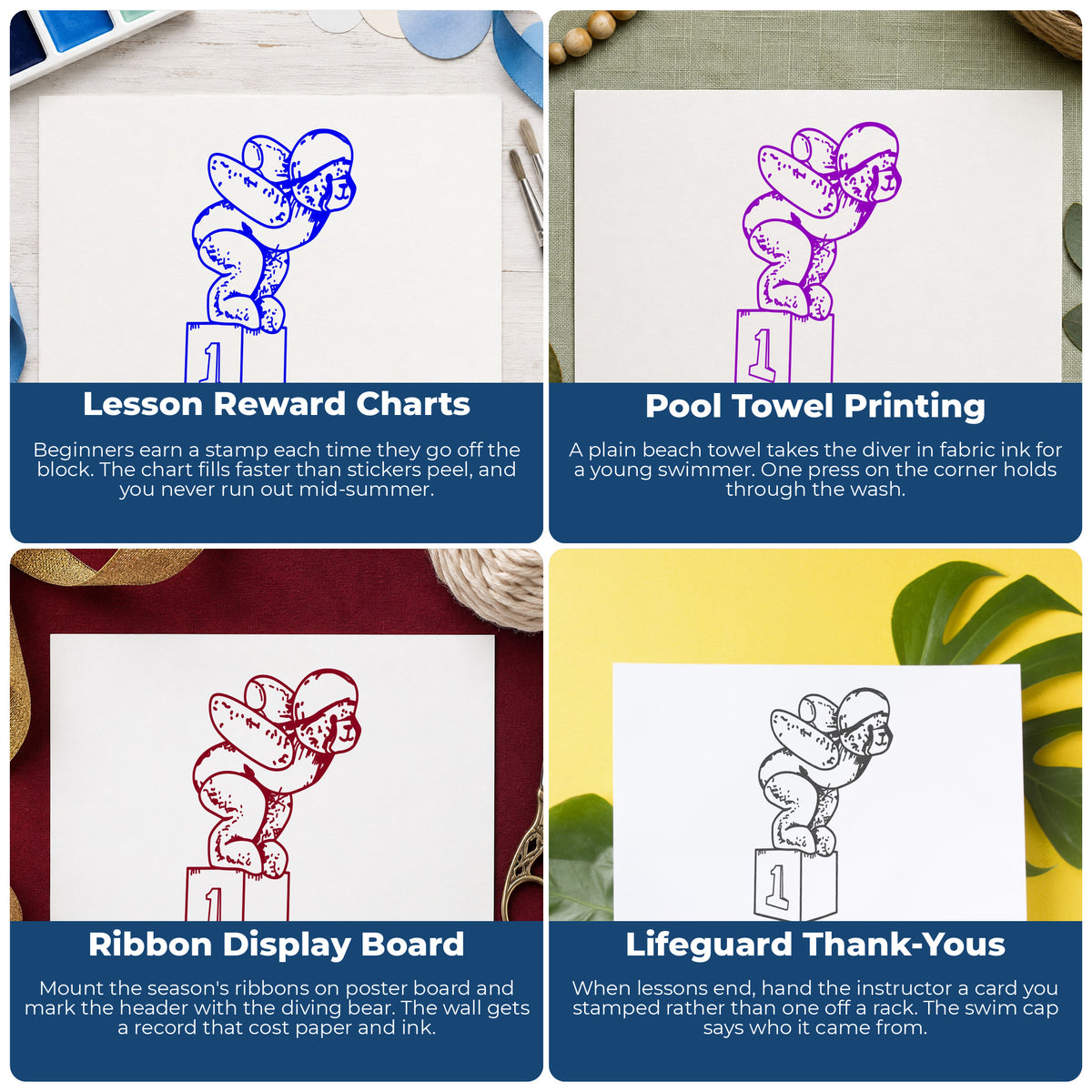 Diving Bear on Starting Block Rubber Stamp project ideas: Lesson Reward Charts, Pool Towel Printing, Ribbon Display Board and Lifeguard Thank-Yous.