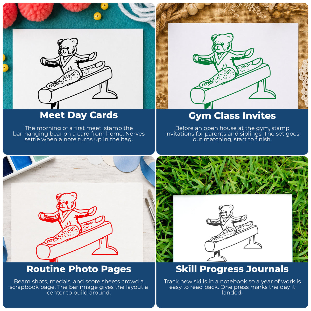 Gymnast Bear on Exercise Bar Rubber Stamp project ideas: Meet Day Cards, Gym Class Invites, Routine Photo Pages and Skill Progress Journals.