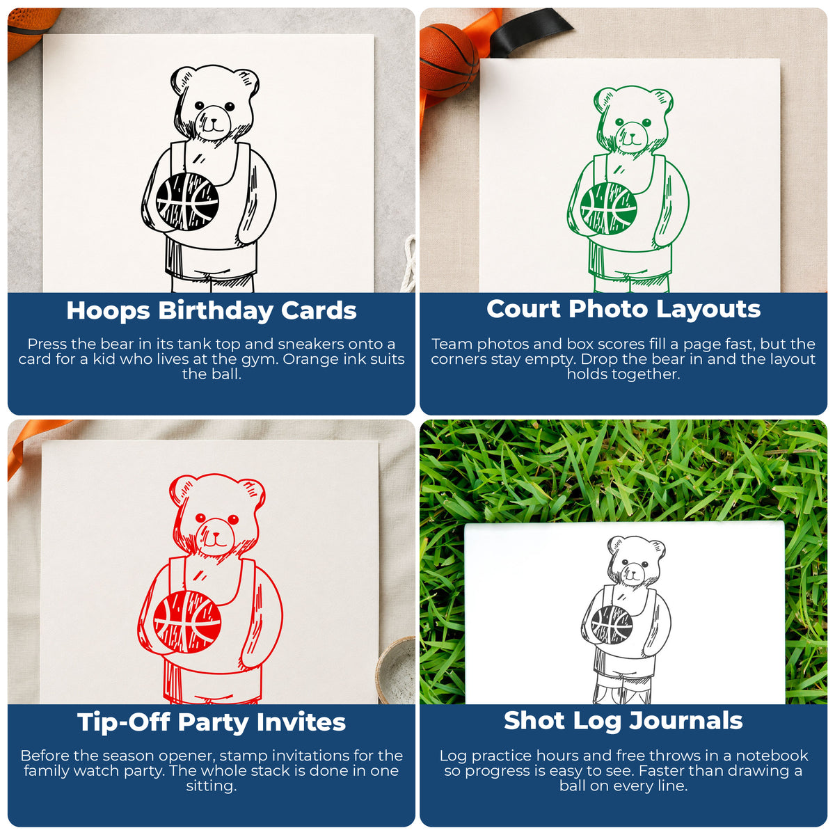 Basketball Bear Holding Ball Rubber Stamp project ideas: Hoops Birthday Cards, Court Photo Layouts, Tip-Off Party Invites and Shot Log Journals.