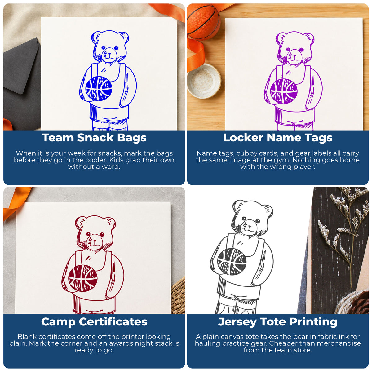 Basketball Bear Holding Ball Rubber Stamp project ideas: Team Snack Bags, Locker Name Tags, Camp Certificates and Jersey Tote Printing.