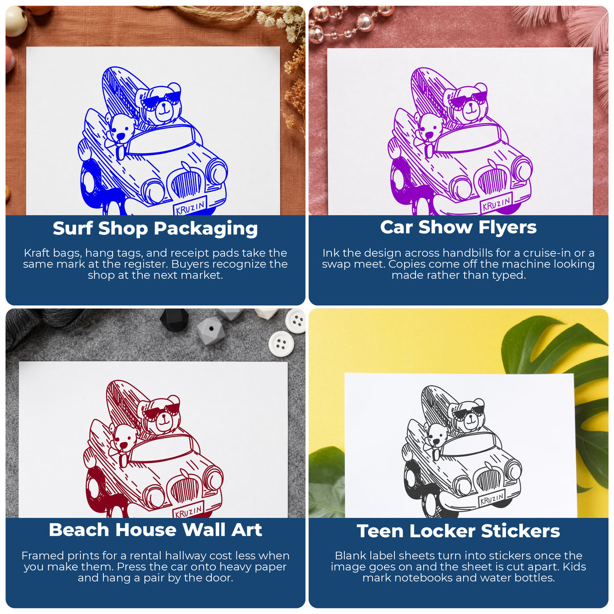 Surfboard Bear in Convertible Rubber Stamp project ideas: Surf Shop Packaging, Car Show Flyers, Beach House Wall Art and Teen Locker Stickers.