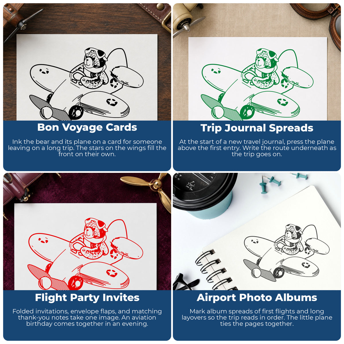 Pilot Bear in Airplane Rubber Stamp project ideas: Bon Voyage Cards, Trip Journal Spreads, Flight Party Invites and Airport Photo Albums.