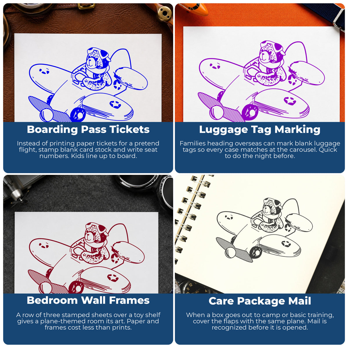 Pilot Bear in Airplane Rubber Stamp project ideas: Boarding Pass Tickets, Luggage Tag Marking, Bedroom Wall Frames and Care Package Mail.