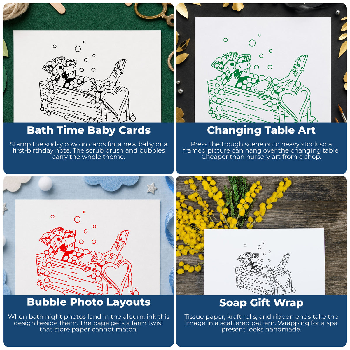Cow Bathing in Wash Trough Rubber Stamp project ideas: Bath Time Baby Cards, Changing Table Art, Bubble Photo Layouts and Soap Gift Wrap.
