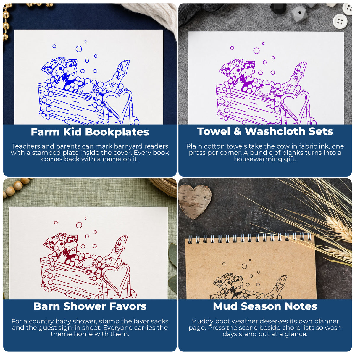 Cow Bathing in Wash Trough Rubber Stamp project ideas: Farm Kid Bookplates, Towel & Washcloth Sets, Barn Shower Favors and Mud Season Notes.