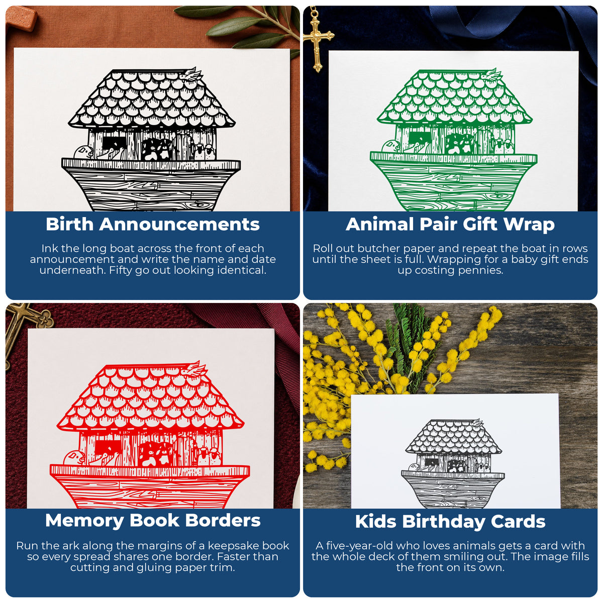 Noah's Ark Rubber Stamp Wide project ideas: Birth Announcements, Animal Pair Gift Wrap, Memory Book Borders and Kids Birthday Cards.