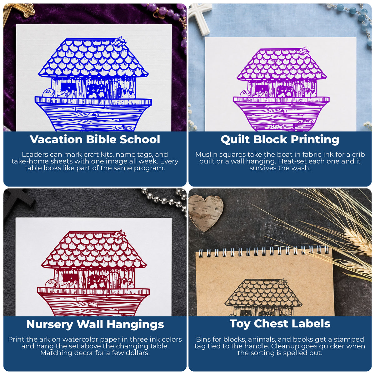 Noah's Ark Rubber Stamp Wide project ideas: Vacation Bible School, Quilt Block Printing, Nursery Wall Hangings and Toy Chest Labels.