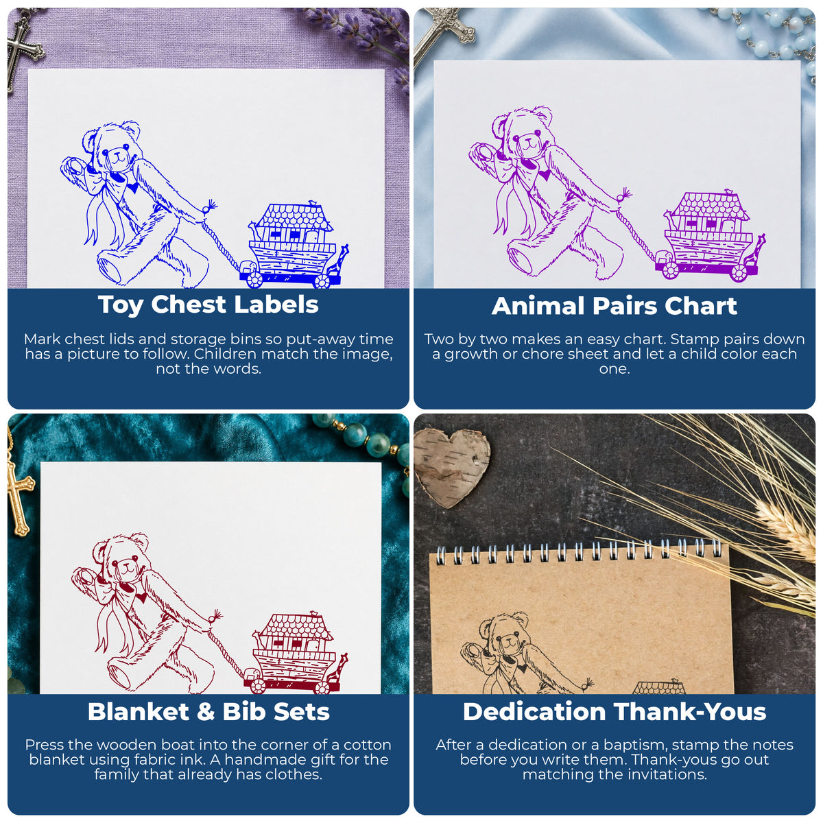 Bear Pulling Toy Ark Rubber Stamp project ideas: Toy Chest Labels, Animal Pairs Chart, Blanket & Bib Sets and Dedication Thank-Yous.