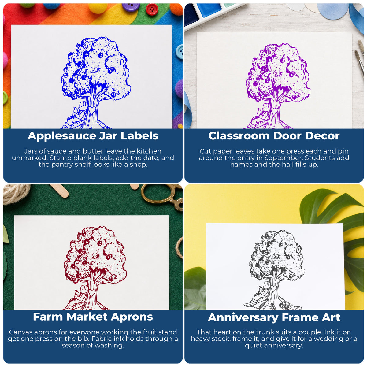 Bear under Apple Tree Rubber Stamp project ideas: Applesauce Jar Labels, Classroom Door Decor, Farm Market Aprons and Anniversary Frame Art.