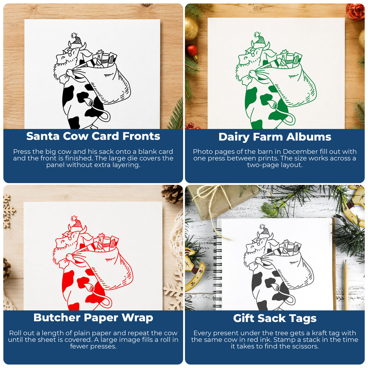 Santa Cow with Gift Sack Rubber Stamp Large project ideas: Santa Cow Card Fronts, Dairy Farm Albums, Butcher Paper Wrap and Gift Sack Tags.
