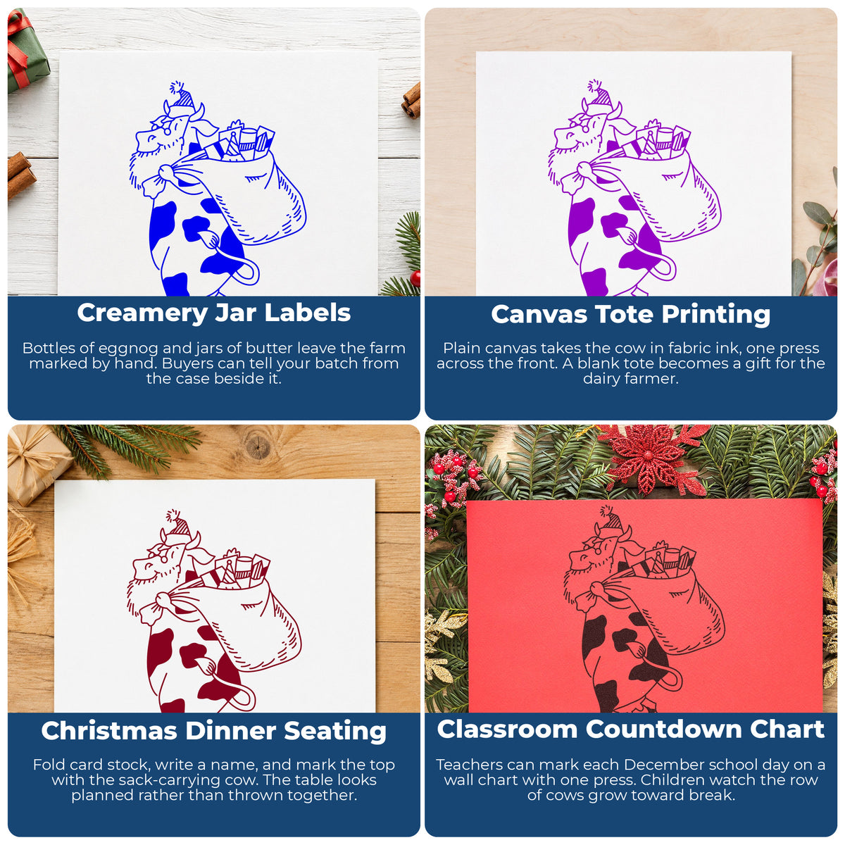 Santa Cow with Gift Sack Rubber Stamp Large project ideas: Creamery Jar Labels, Canvas Tote Printing, Christmas Dinner Seating and Classroom Countdown Chart.
