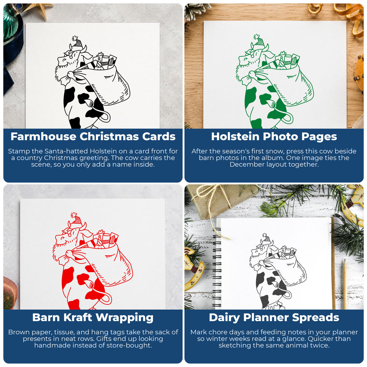 Santa Cow with Gift Sack Rubber Stamp Small project ideas: Farmhouse Christmas Cards, Holstein Photo Pages, Barn Kraft Wrapping and Dairy Planner Spreads.