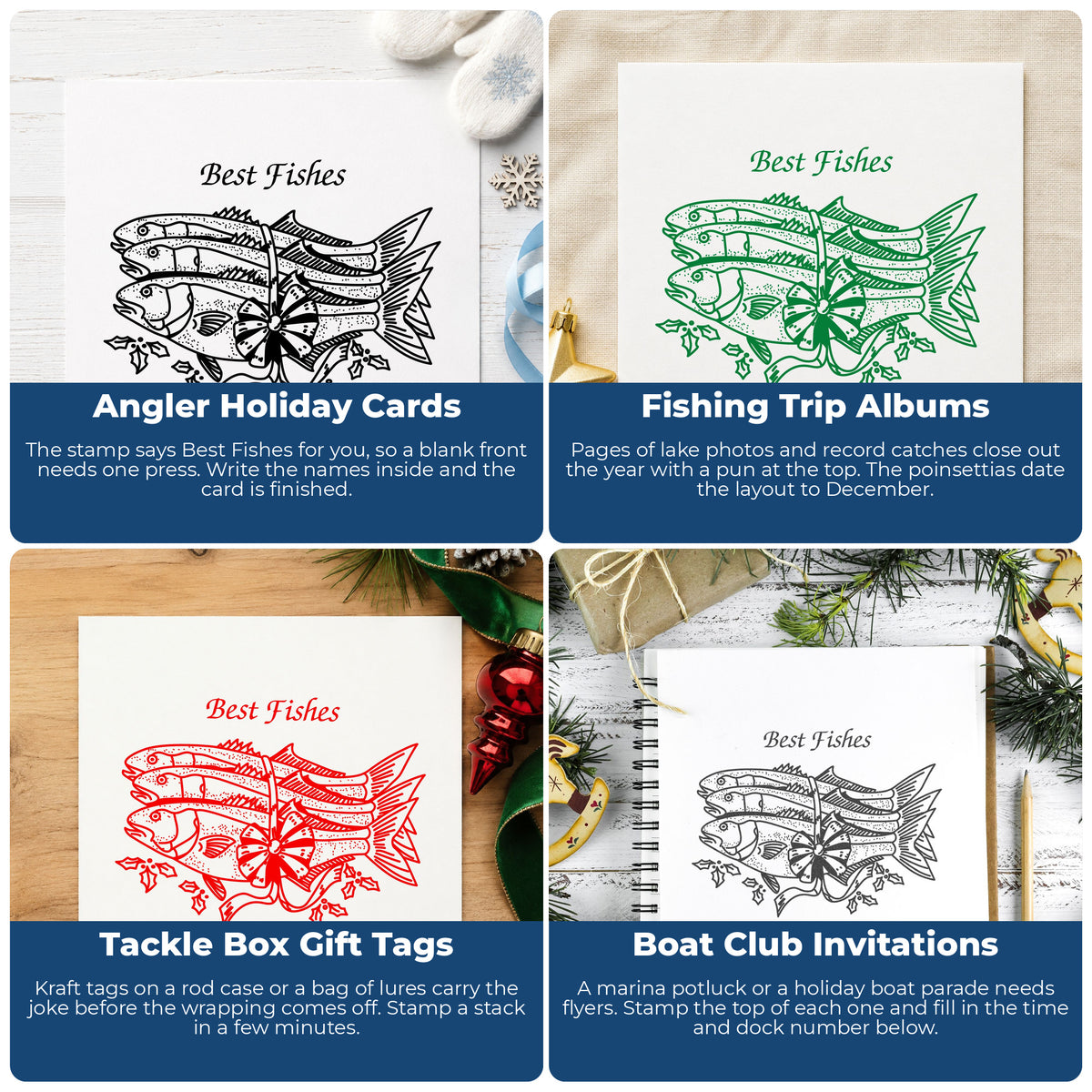 Best Fishes with Poinsettias Rubber Stamp project ideas: Angler Holiday Cards, Fishing Trip Albums, Tackle Box Gift Tags and Boat Club Invitations.