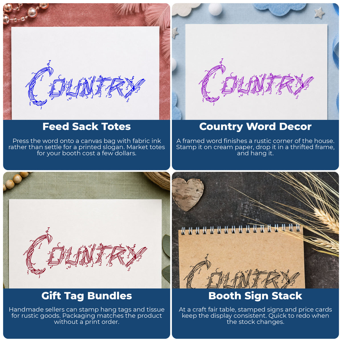 Country Lettering Rubber Stamp project ideas: Feed Sack Totes, Country Word Decor, Gift Tag Bundles and Booth Sign Stack.