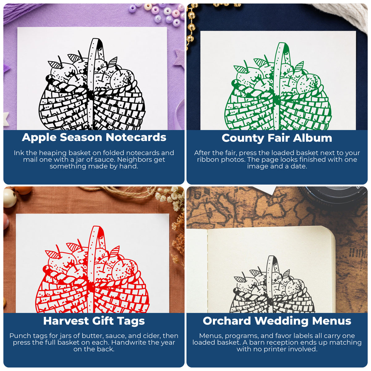 Basket Brimming with Apples Rubber Stamp project ideas: Apple Season Notecards, County Fair Album, Harvest Gift Tags and Orchard Wedding Menus.