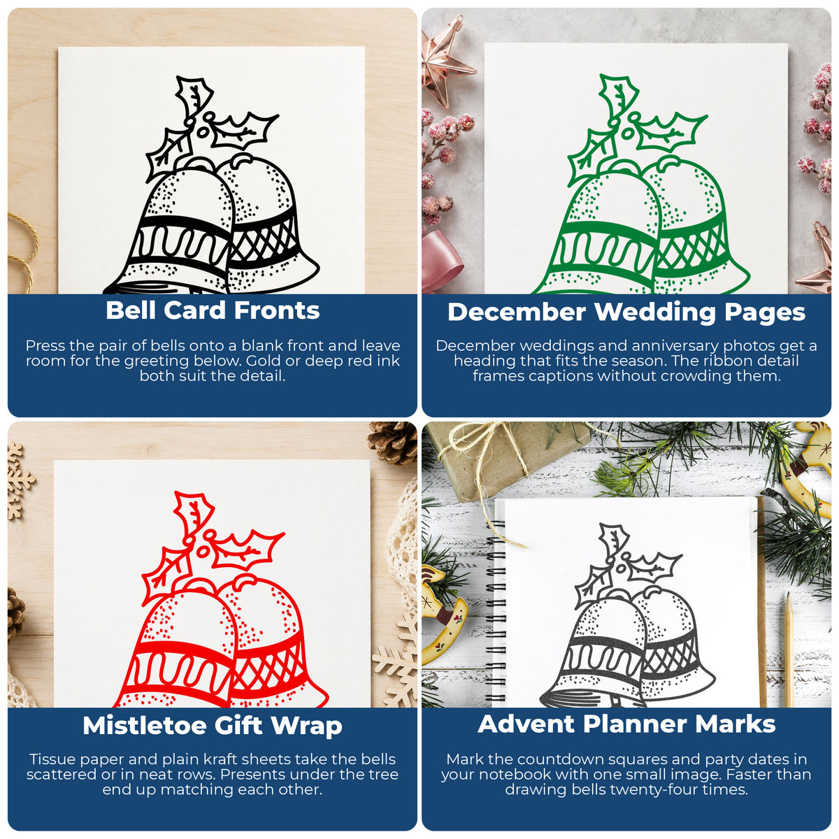 Christmas Bells with Mistletoe Rubber Stamp project ideas: Bell Card Fronts, December Wedding Pages, Mistletoe Gift Wrap and Advent Planner Marks.