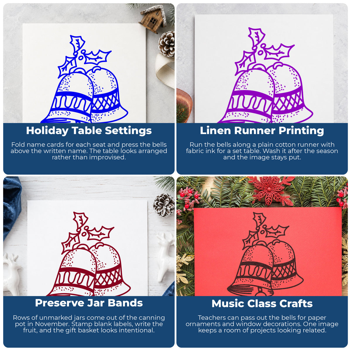 Christmas Bells with Mistletoe Rubber Stamp project ideas: Holiday Table Settings, Linen Runner Printing, Preserve Jar Bands and Music Class Crafts.