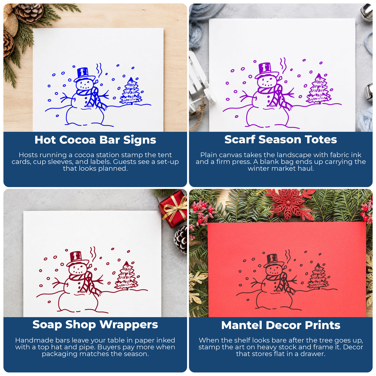 Snowman in Winter Landscape Rubber Stamp project ideas: Hot Cocoa Bar Signs, Scarf Season Totes, Soap Shop Wrappers and Mantel Decor Prints.