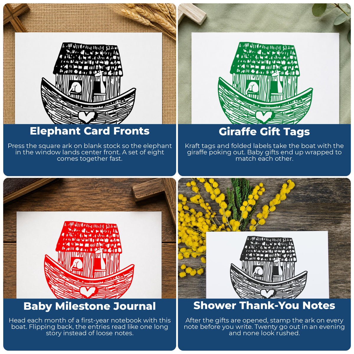 Square Noah's Ark Rubber Stamp project ideas: Elephant Card Fronts, Giraffe Gift Tags, Baby Milestone Journal and Shower Thank-You Notes.