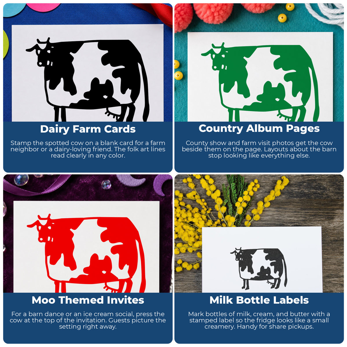 Folk Art Cow Rubber Stamp project ideas: Dairy Farm Cards, Country Album Pages, Moo Themed Invites and Milk Bottle Labels.
