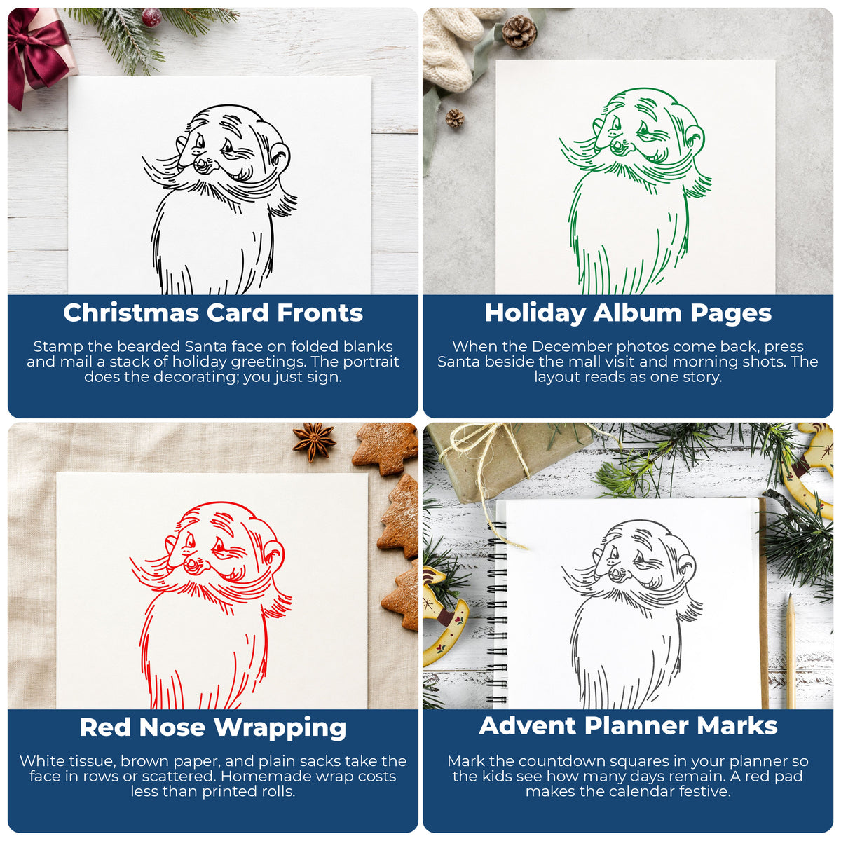 Santa Claus Face Rubber Stamp project ideas: Christmas Card Fronts, Holiday Album Pages, Red Nose Wrapping and Advent Planner Marks.