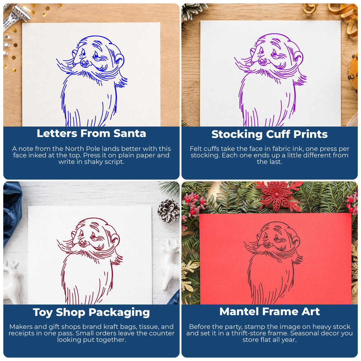 Santa Claus Face Rubber Stamp project ideas: Letters From Santa, Stocking Cuff Prints, Toy Shop Packaging and Mantel Frame Art.
