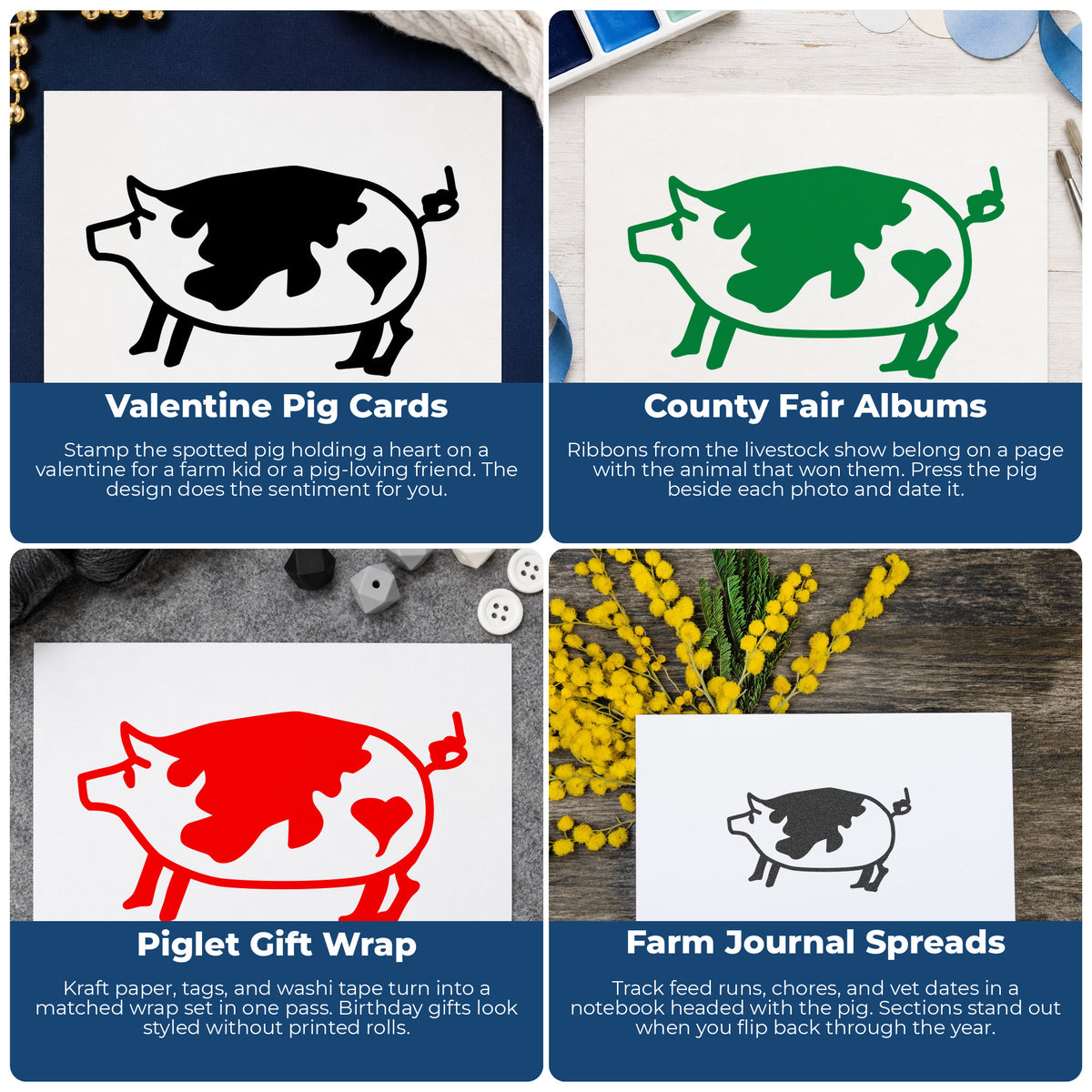 Spotted Pig with Heart Rubber Stamp project ideas: Valentine Pig Cards, County Fair Albums, Piglet Gift Wrap and Farm Journal Spreads.