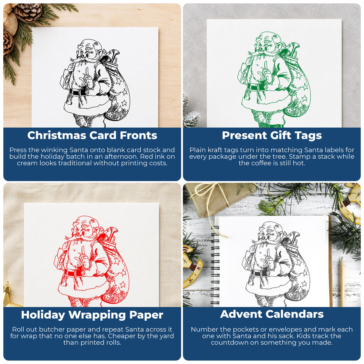 Santa with Gift Sack Rubber Stamp project ideas: Christmas Card Fronts, Present Gift Tags, Holiday Wrapping Paper and Advent Calendars.