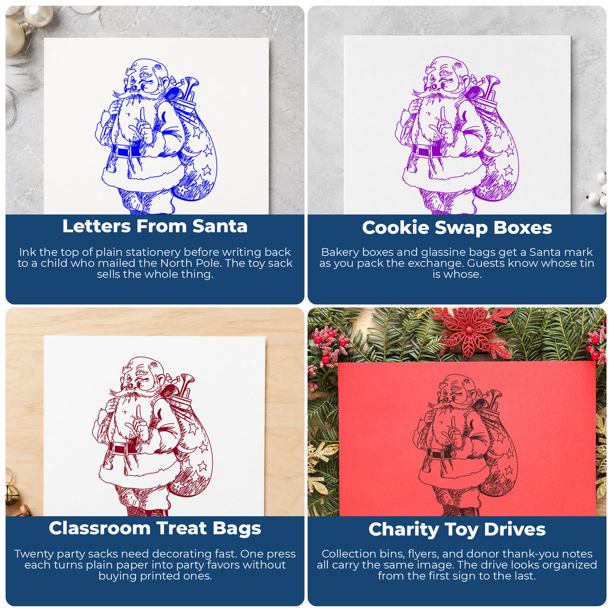 Santa with Gift Sack Rubber Stamp project ideas: Letters From Santa, Cookie Swap Boxes, Classroom Treat Bags and Charity Toy Drives.