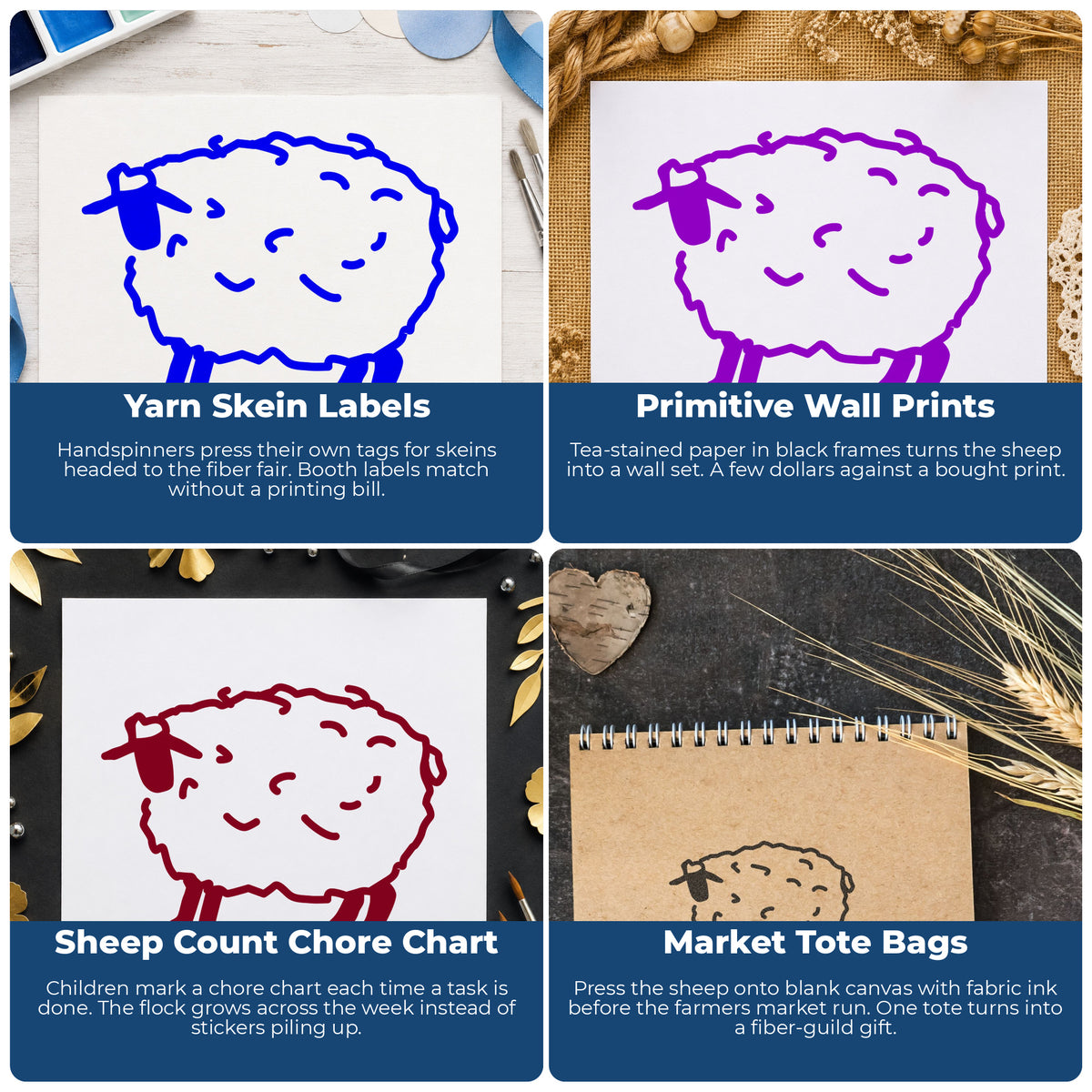 Folk Art Sheep Rubber Stamp project ideas: Yarn Skein Labels, Primitive Wall Prints, Sheep Count Chore Chart and Market Tote Bags.