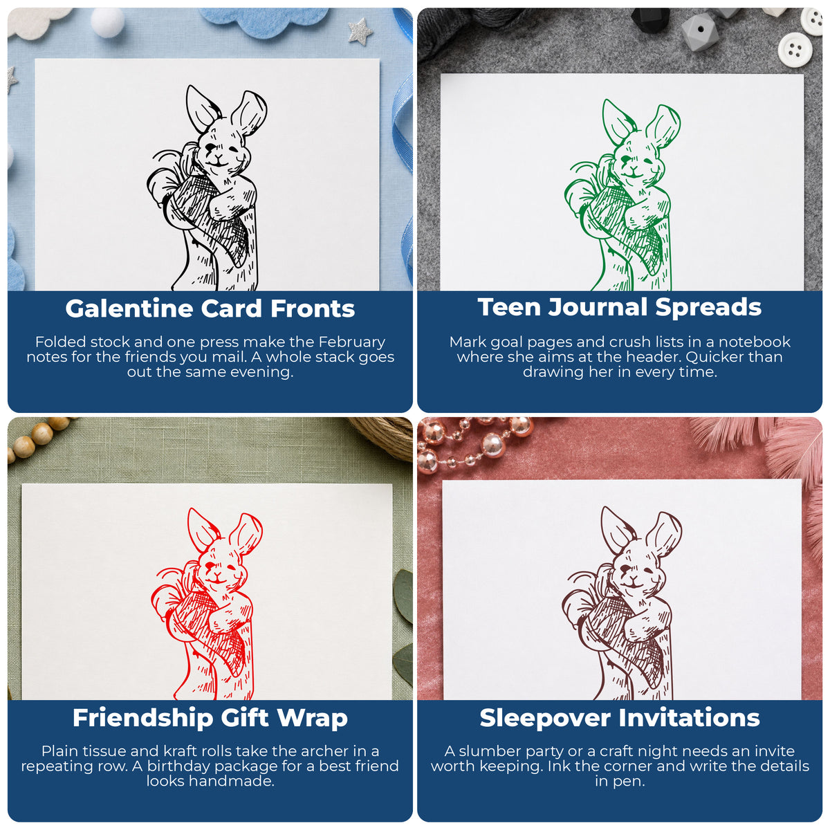 Girl with Bow and Arrow Rubber Stamp project ideas: Galentine Card Fronts, Teen Journal Spreads, Friendship Gift Wrap and Sleepover Invitations.