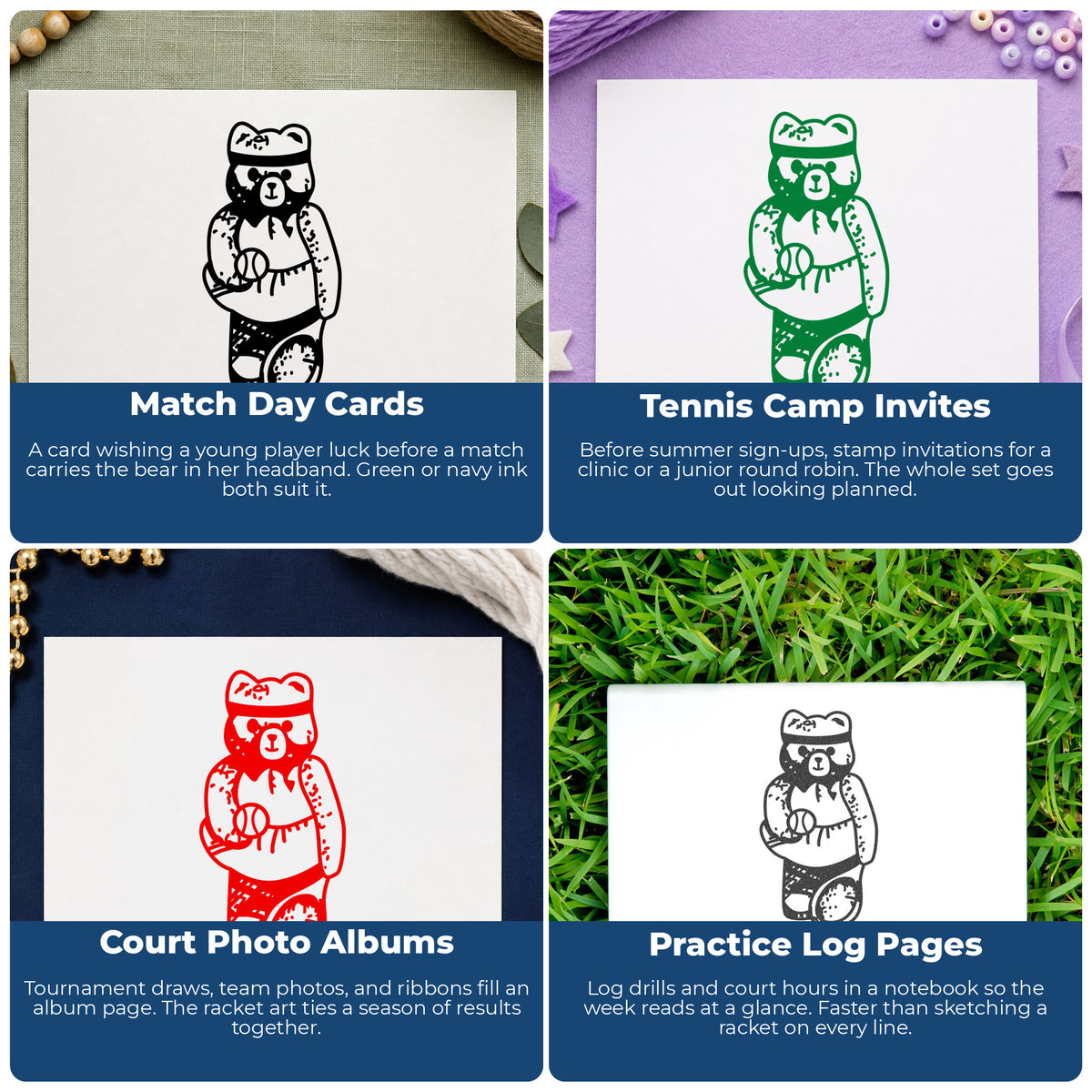 Girl Tennis Bear Rubber Stamp project ideas: Match Day Cards, Tennis Camp Invites, Court Photo Albums and Practice Log Pages.