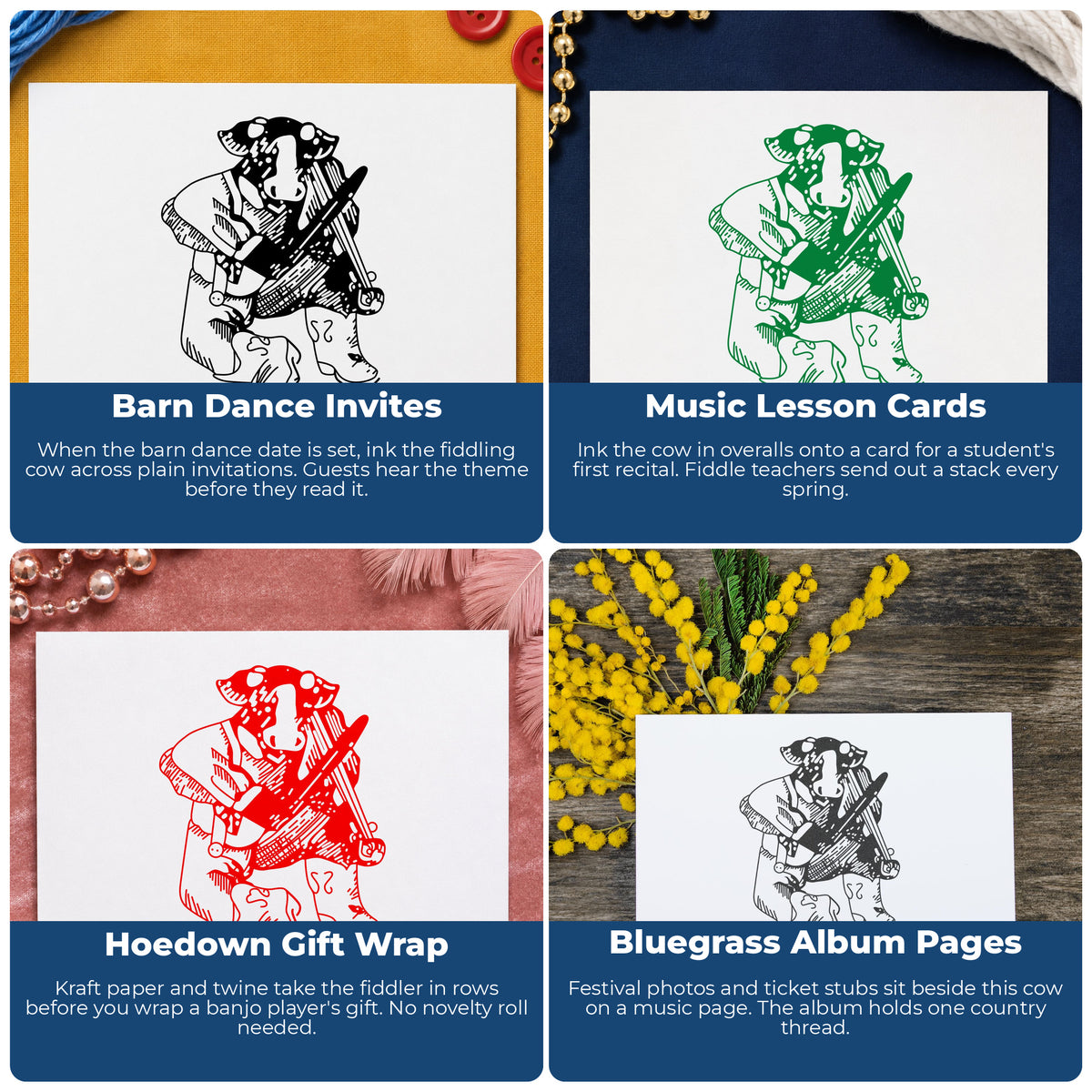 Fiddle Playing Cow Rubber Stamp project ideas: Barn Dance Invites, Music Lesson Cards, Hoedown Gift Wrap and Bluegrass Album Pages.