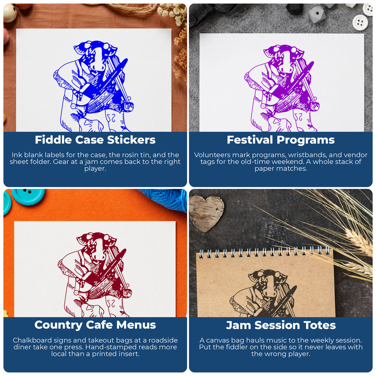 Fiddle Playing Cow Rubber Stamp project ideas: Fiddle Case Stickers, Festival Programs, Country Cafe Menus and Jam Session Totes.