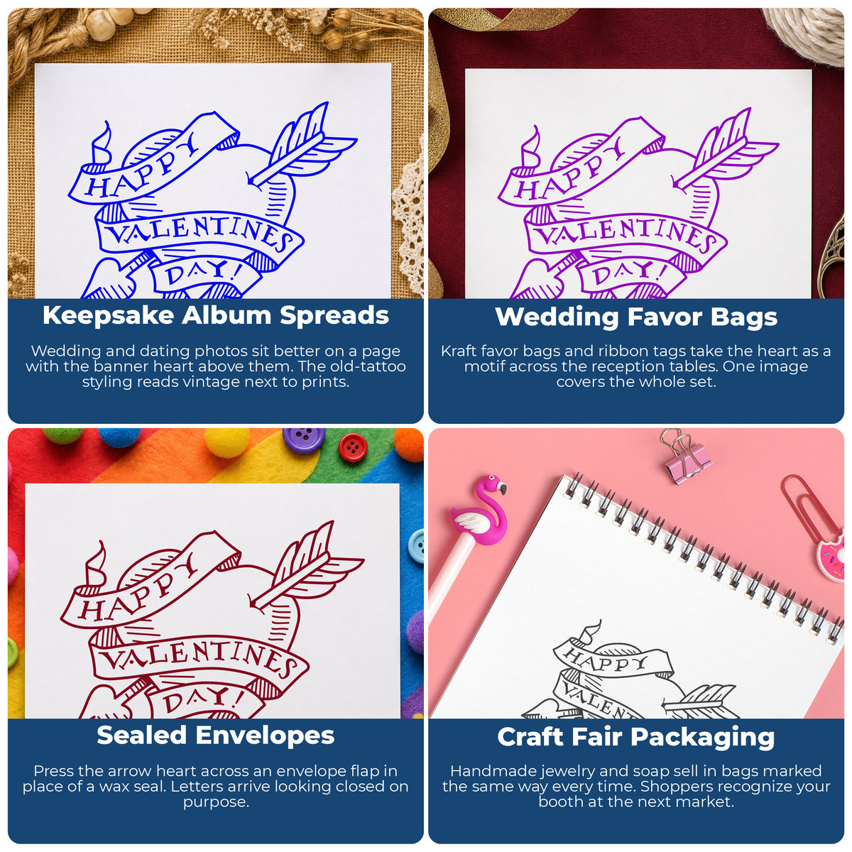 Valentine Heart with Arrow Rubber Stamp project ideas: Keepsake Album Spreads, Wedding Favor Bags, Sealed Envelopes and Craft Fair Packaging.