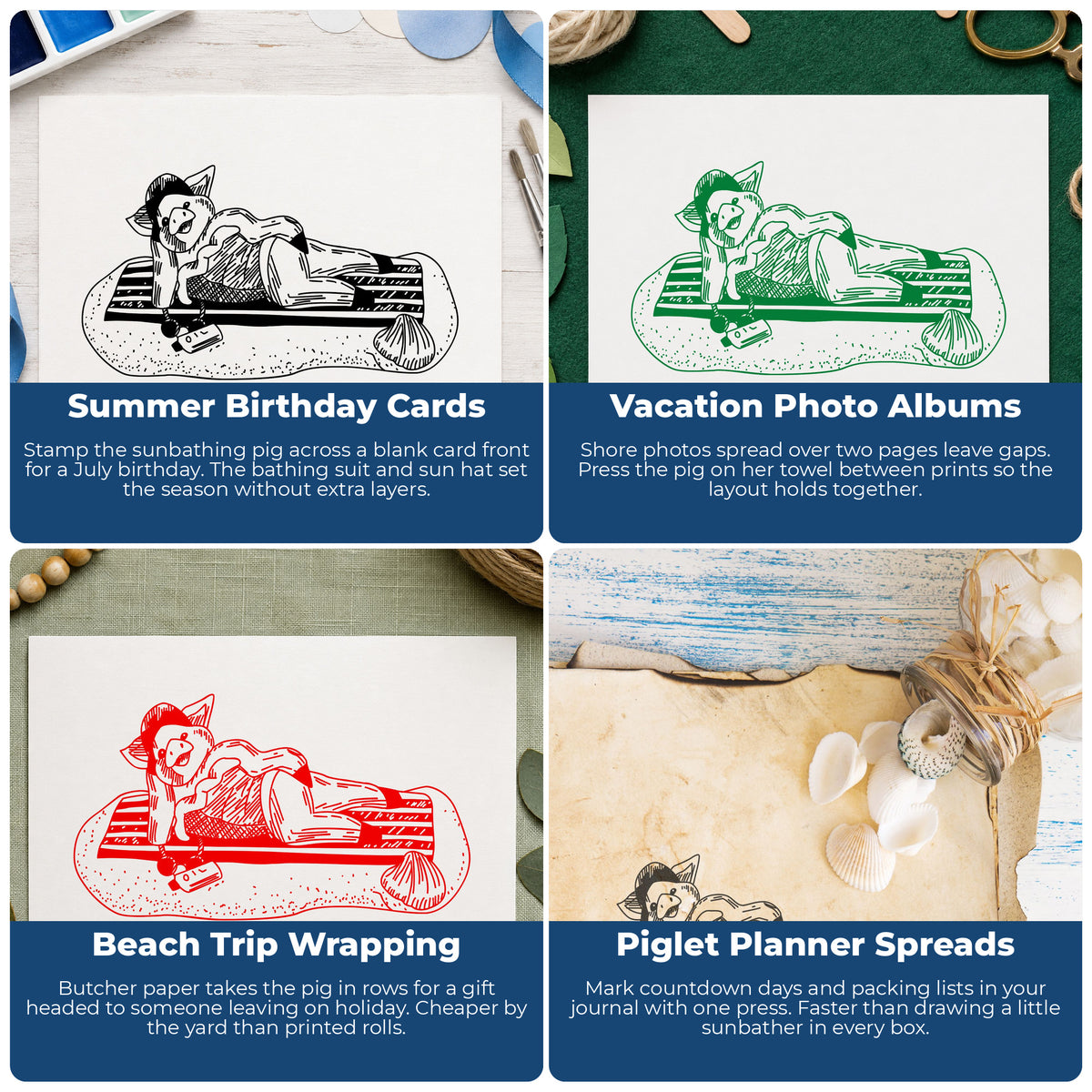 Pig on Beach Blanket Rubber Stamp project ideas: Summer Birthday Cards, Vacation Photo Albums, Beach Trip Wrapping and Piglet Planner Spreads.