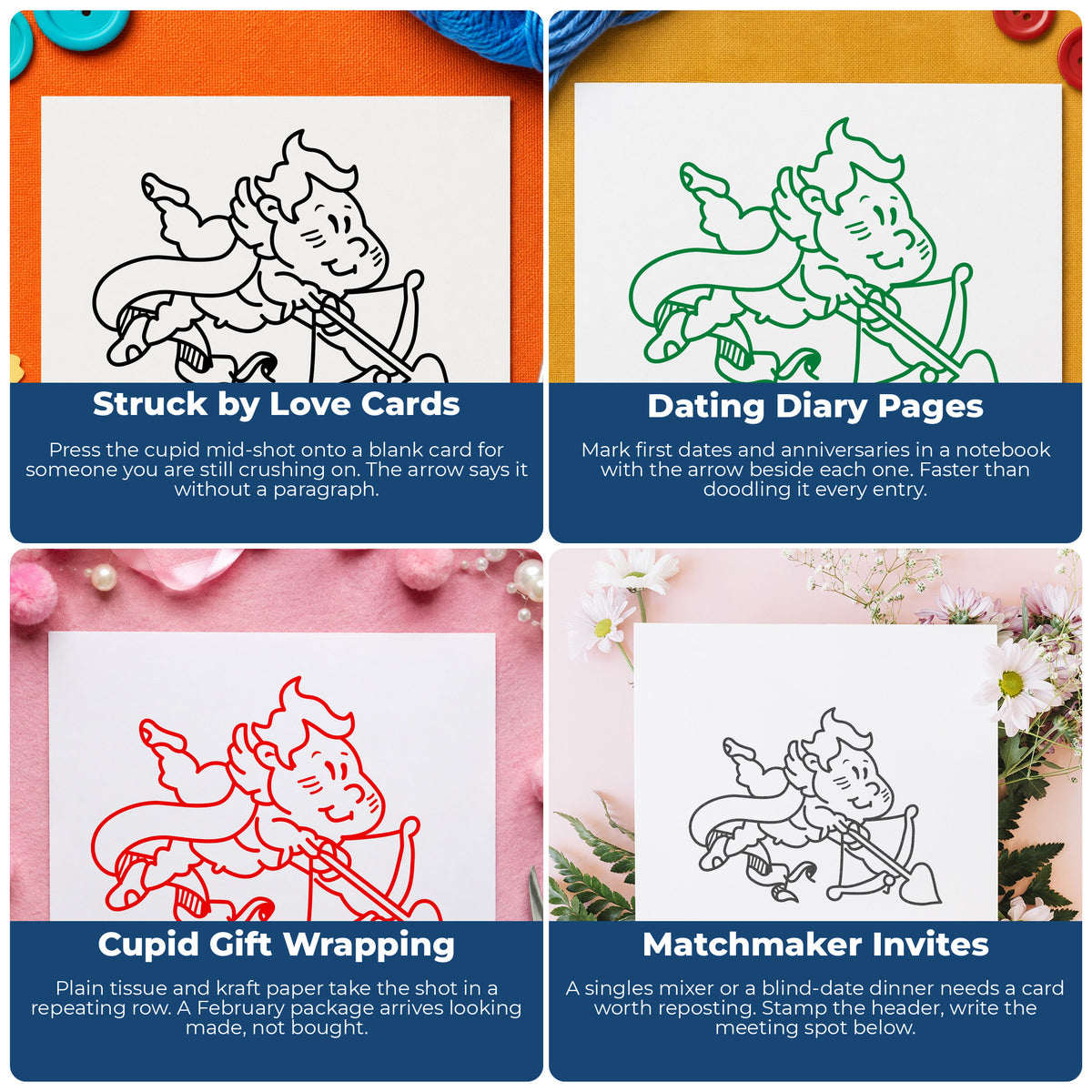Cupid Shooting Heart Arrow Rubber Stamp project ideas: Struck by Love Cards, Dating Diary Pages, Cupid Gift Wrapping and Matchmaker Invites.
