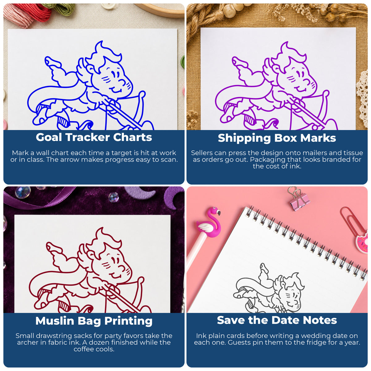 Cupid Shooting Heart Arrow Rubber Stamp project ideas: Goal Tracker Charts, Shipping Box Marks, Muslin Bag Printing and Save the Date Notes.
