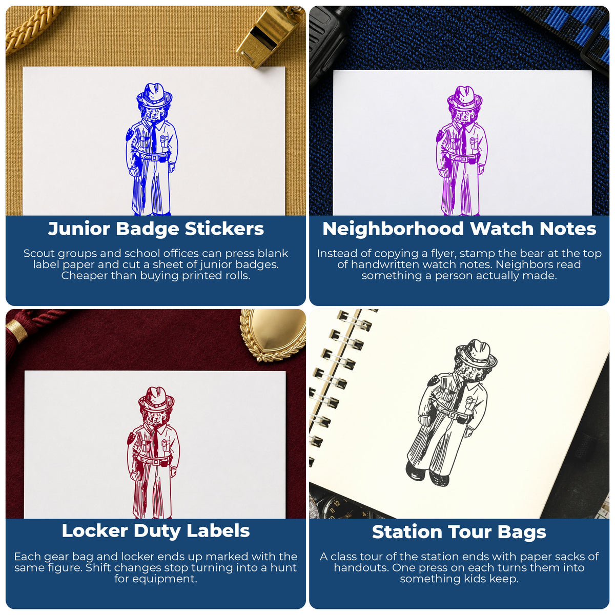 Police Officer Bear Rubber Stamp project ideas: Junior Badge Stickers, Neighborhood Watch Notes, Locker Duty Labels and Station Tour Bags.