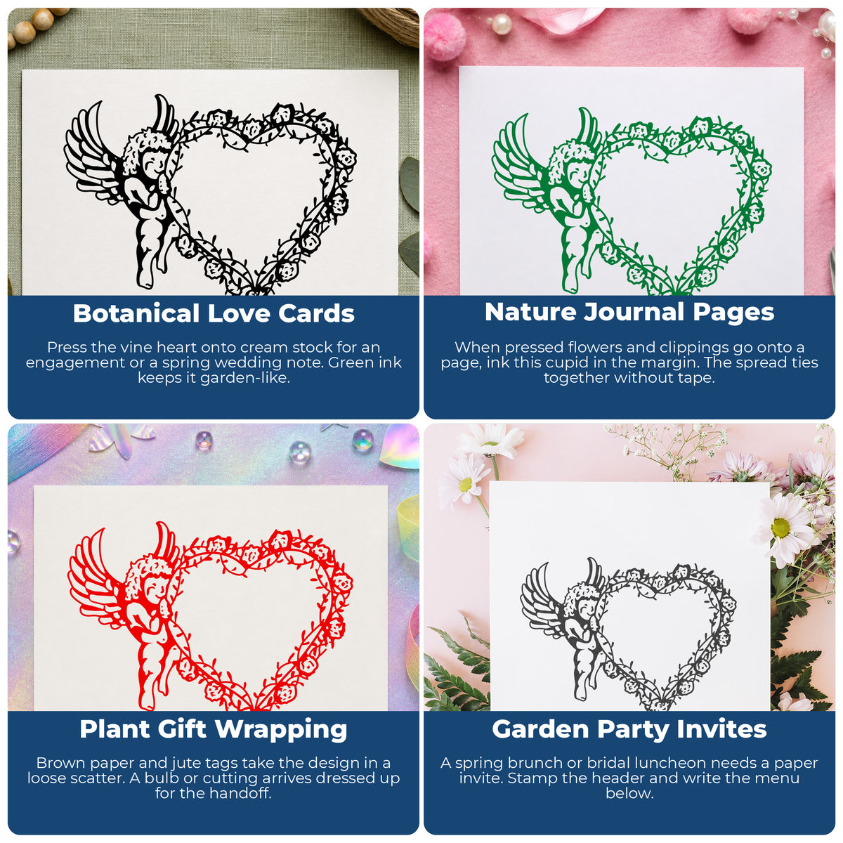 Cupid Holding Vine Heart Rubber Stamp project ideas: Botanical Love Cards, Nature Journal Pages, Plant Gift Wrapping and Garden Party Invites.