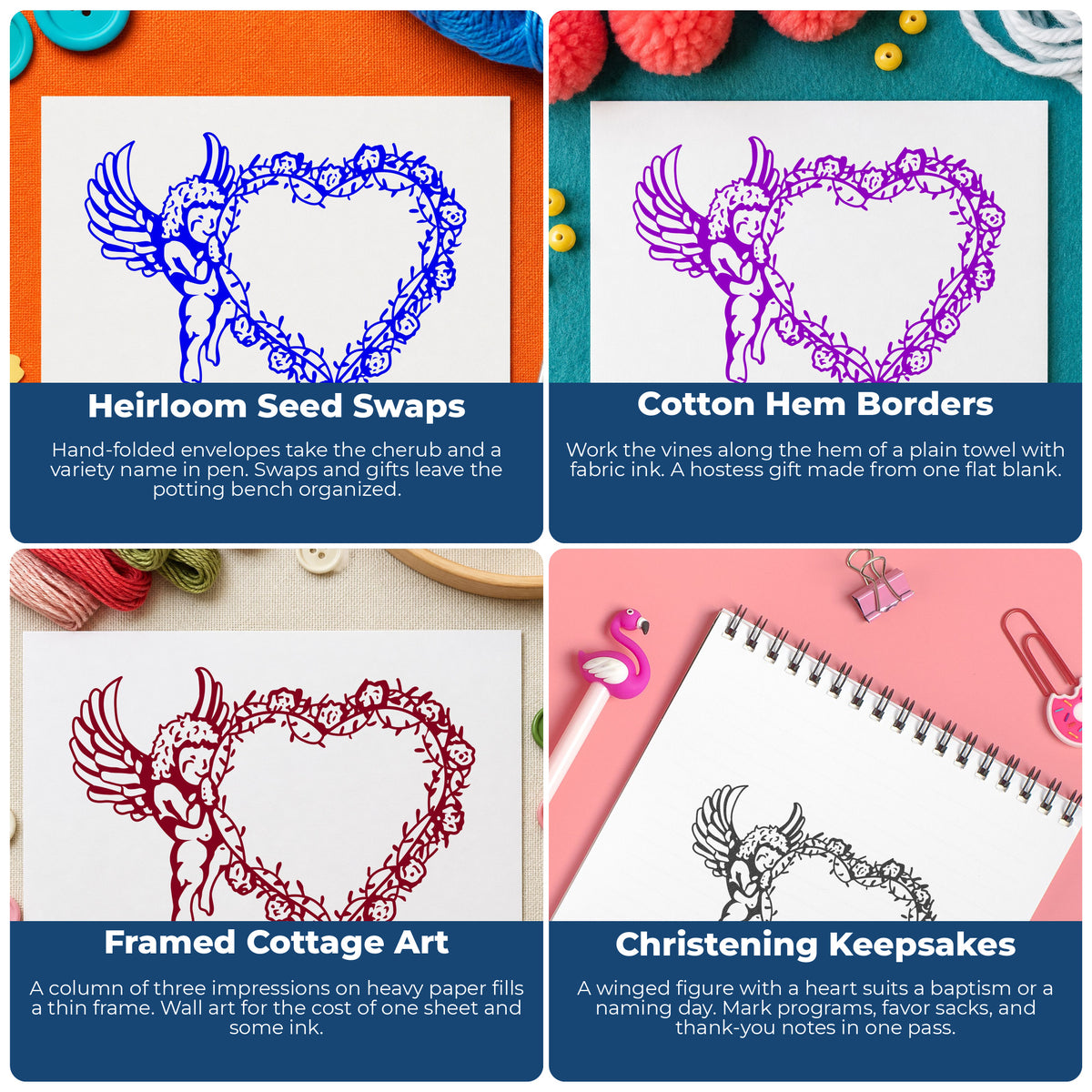 Cupid Holding Vine Heart Rubber Stamp project ideas: Heirloom Seed Swaps, Cotton Hem Borders, Framed Cottage Art and Christening Keepsakes.
